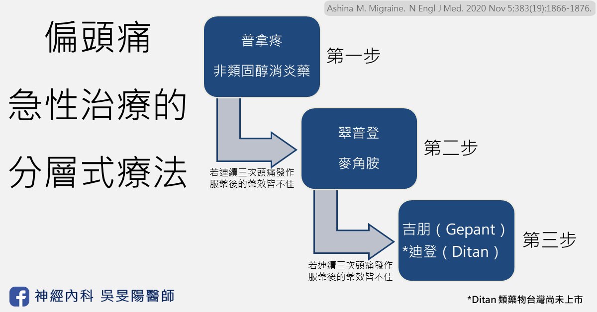 偏頭痛急性治療的分層式療法：第一步是普拿疼、非類固醇消炎藥；若連續三次頭痛發作服藥後藥效皆不佳，第二步改用翠普登、麥角胺；若仍然不佳，第三步使用吉朋（Gepant）或迪登（Ditan，台灣尚未上市）。資料來源：Ashina M. N Engl J Med 2020