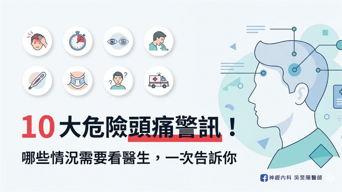 10 大危險頭痛警訊封面，插畫為側臉輪廓與頭痛、發燒、視力、救護車等八個圖示