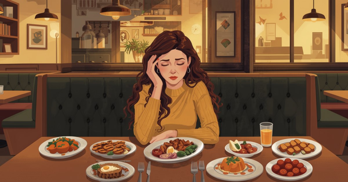 偏頭痛飲食輔助指南封面插畫，餐廳裡一位女性按著額頭，面前擺滿各式菜餚