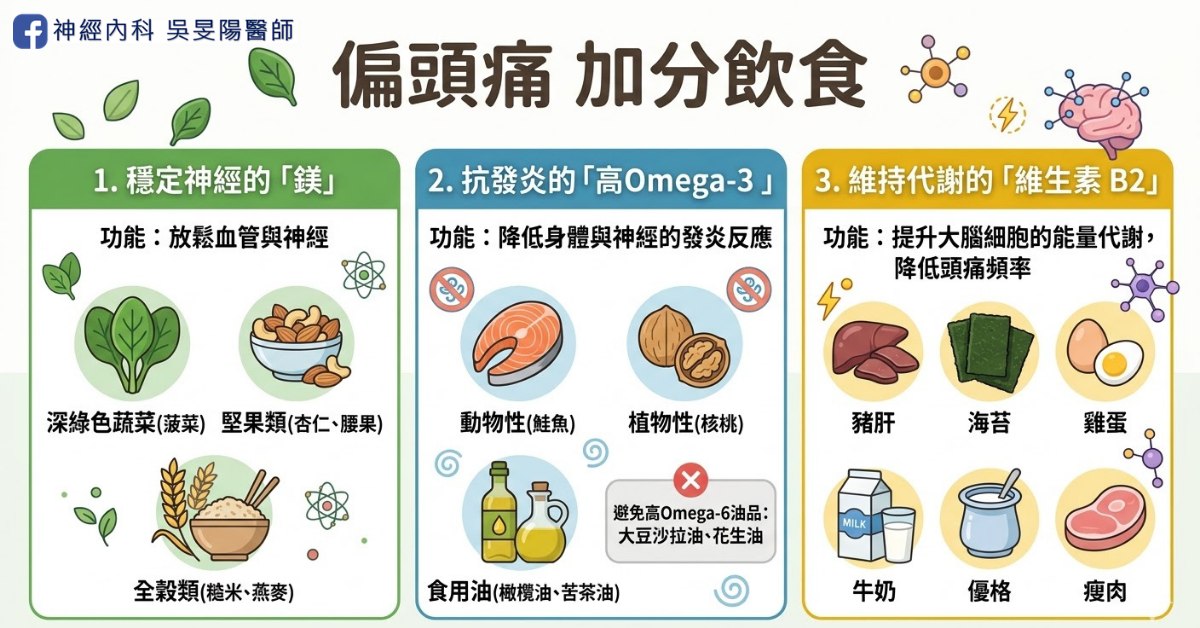偏頭痛加分飲食三類整理圖：穩定神經的鎂（深綠色蔬菜、堅果類、全穀類）、抗發炎的高 Omega-3（鮭魚、核桃、橄欖油與苦茶油，避免大豆沙拉油、花生油等高 Omega-6 油品）、維持代謝的維生素 B2（豬肝、海苔、雞蛋、牛奶、優格、瘦肉）