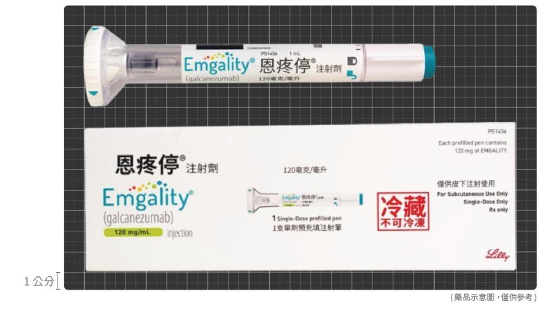 恩疼停 Emgality 120mg/mL 的預充式注射筆與外盒